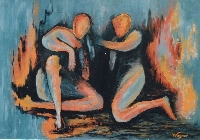 Adam und Eva, Acryl auf Kattun auf Holz, 68x98
